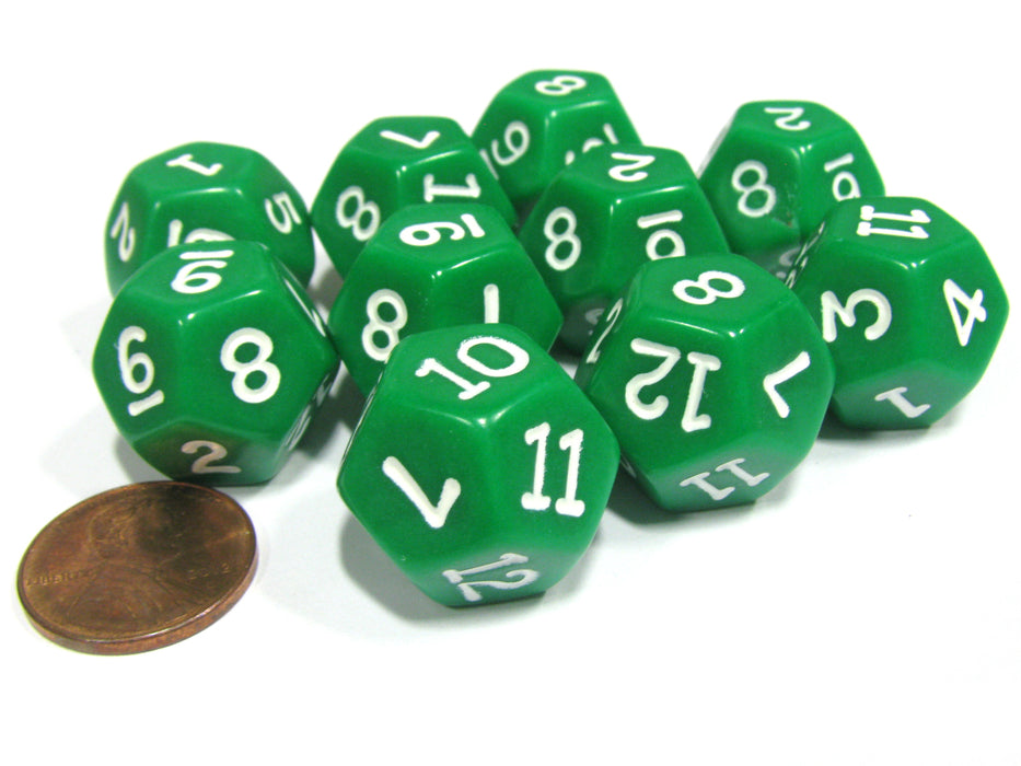 Set of 10 D12 12-Sided 18mm Opaque RPG Dice - Green with White Numbers