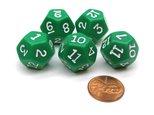Set of 5 D12 12-Sided 18mm Opaque RPG Dice - Green with White Numbers