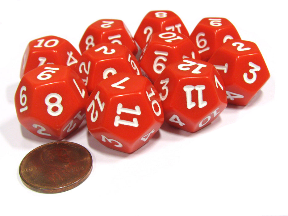 Set of 10 D12 12-Sided 18mm Opaque RPG Dice - Red with White Numbers