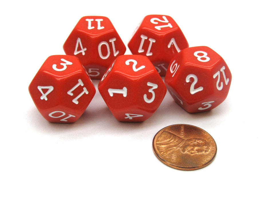 Set of 5 D12 12-Sided 18mm Opaque RPG Dice - Red with White Numbers