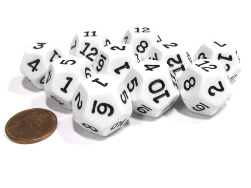 Set of 10 D12 12-Sided 18mm Opaque RPG Dice - White with Black Numbers