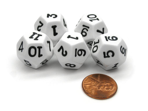 Set of 5 D12 12-Sided 18mm Opaque RPG Dice - White with Black Numbers