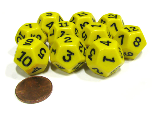 Set of 10 D12 12-Sided 18mm Opaque RPG Dice - Yellow with Black Numbers