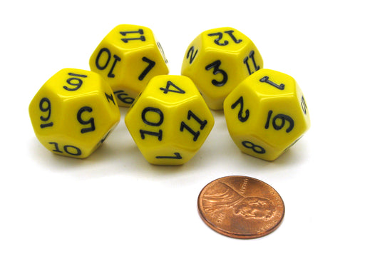 Set of 5 D12 12-Sided 18mm Opaque RPG Dice - Yellow with Black Numbers
