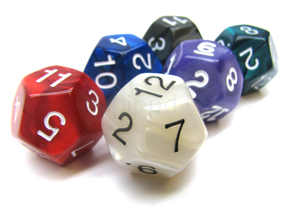 Pack of 6 D12 Pearl Dice - Charcoal, Emerald, Gray, Navy, Purple, Red