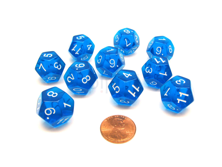 Pack of 10 Transparent 12 Sided D12 20mm Dice - Blue