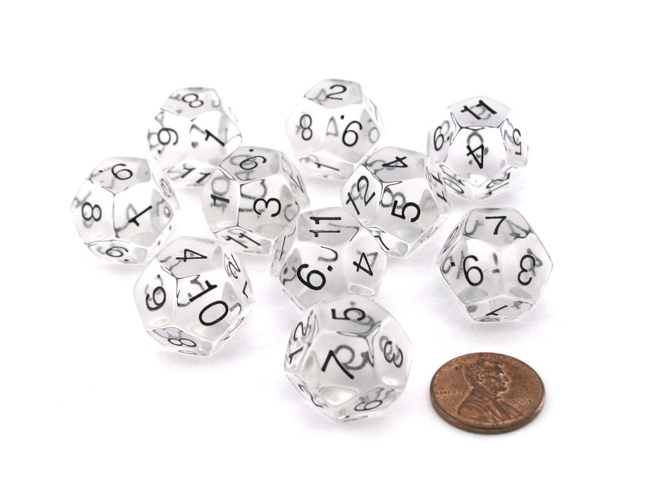 Pack of 10 Transparent 12 Sided D12 20mm Dice - Clear