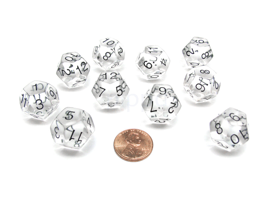 Pack of 10 Transparent 12 Sided D12 20mm Dice - Clear