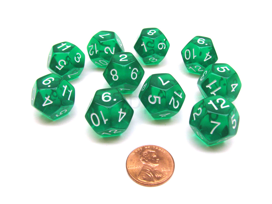 Pack of 10 Transparent 12 Sided D12 20mm Dice - Green