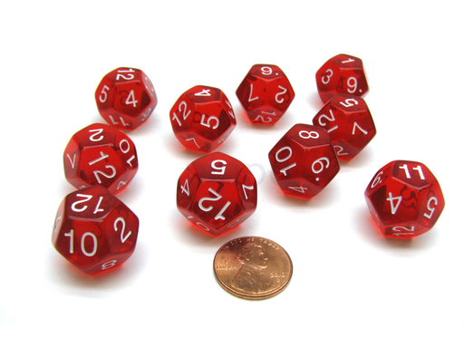 Pack of 10 Transparent 12 Sided D12 20mm Dice - Red