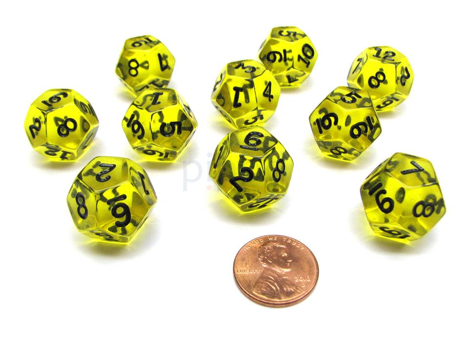 Pack of 10 Transparent 12 Sided D12 20mm Dice - Yellow