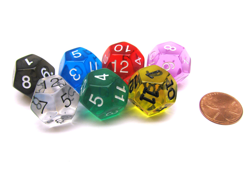 Pack of 7 Transparent D12 20mm Dice - Blue Clear Green Orchid Red Smoke Yellow