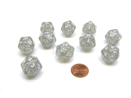 Pack of 10 D20 20mm Koplow Games Glitter Dice - Clear
