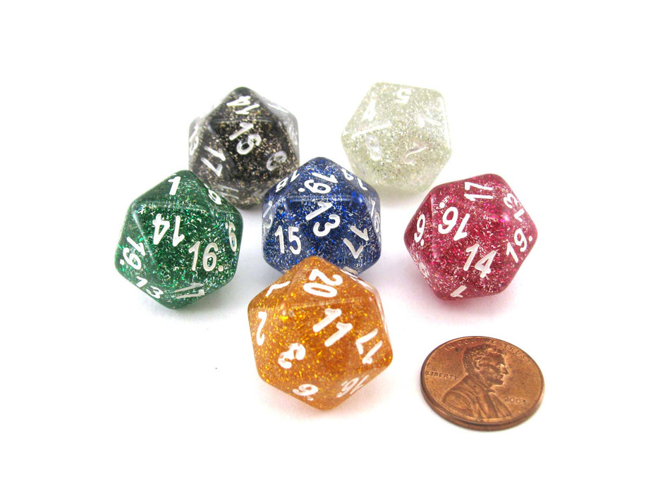 Pack of 6 D20 Glitter Dice - Black, Blue, Clear, Green, Purple, Yellow