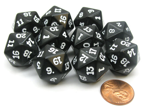 Set of 10 Twenty Sided 19mm D20 Opaque RPG Dice - Black with White Numbers Die