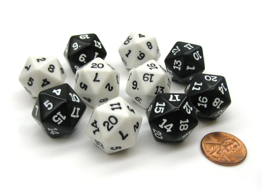 Set of 10 D20 19mm Inverse Dice - 5 Each of Black and White
