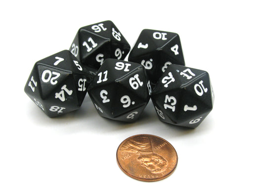 Set of 5 Twenty Sided 19mm D20 Opaque Dice RPG D&D Black with White Numbers Die