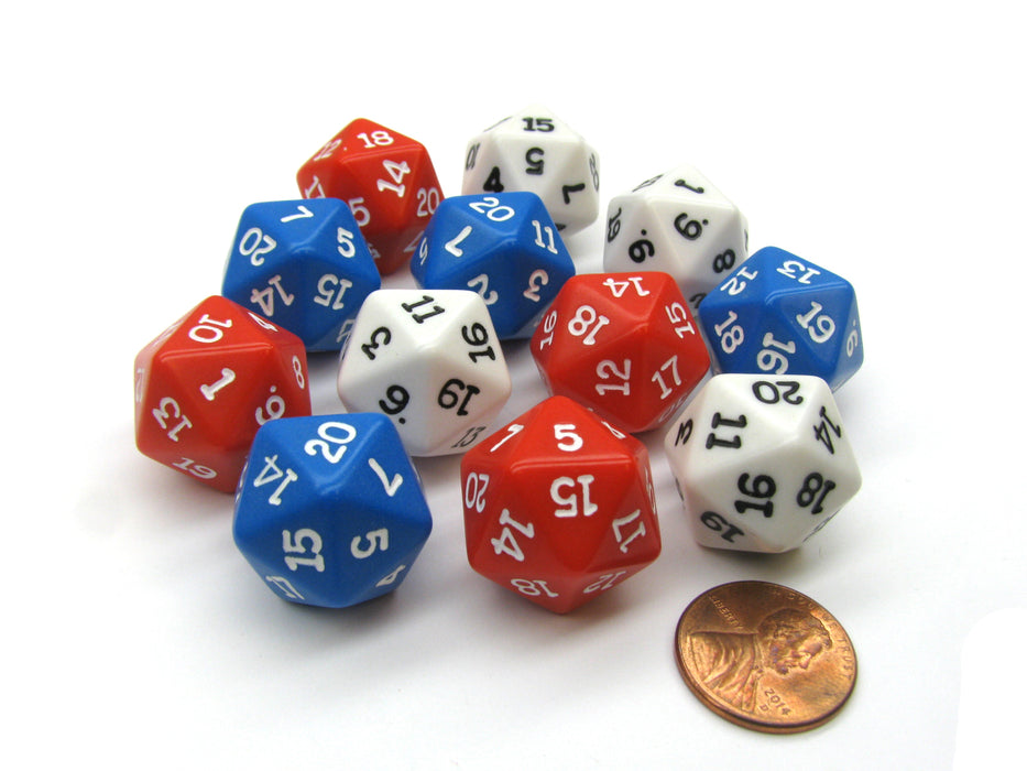 Set of 12 D20 19mm Patriotic Dice - 4 Each of Red White and Blue