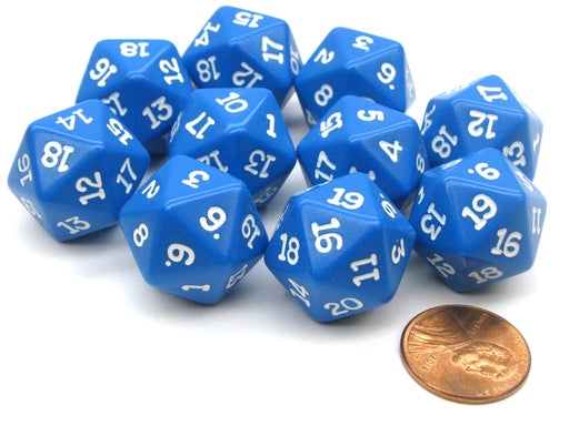 Set of 10 Twenty Sided 19mm D20 Opaque RPG Dice - Blue with White Numbers Die