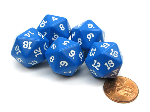 Set of 5 Twenty Sided 19mm D20 Opaque Dice RPG D&D Blue with White Numbers Die
