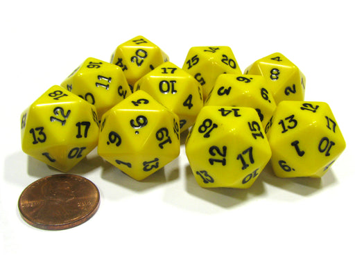 Set of 10 Twenty Sided 19mm D20 Opaque RPG Dice - Yellow with Black Numbers Die