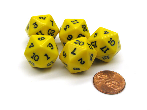 Set of 5 Twenty Sided 19mm D20 Opaque Dice RPG D&D Yellow with Black Numbers Die