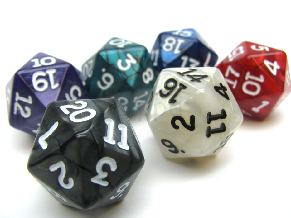 Pack of 6 D20 Pearl Dice - Charcoal, Emerald, Gray, Navy, Purple, Red
