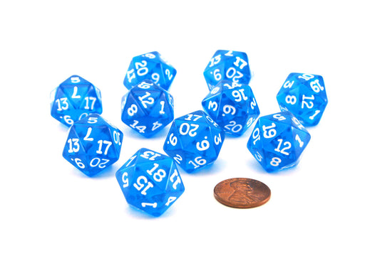 Pack of 10 Transparent 20 Sided D20 20mm Dice - Blue