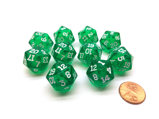 Pack of 10 Transparent 20 Sided D20 20mm Dice - Green