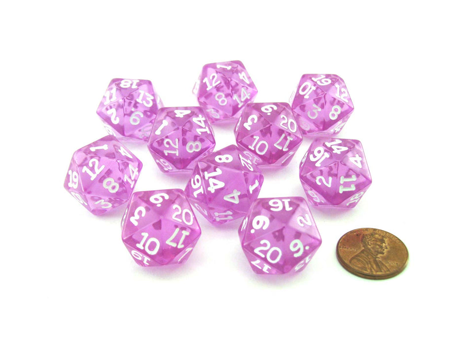 Pack of 10 Transparent 20 Sided D20 20mm Dice - Orchid