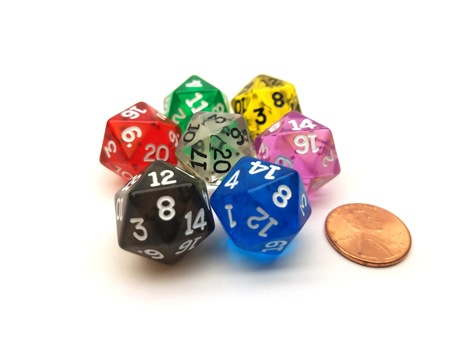 Pack of 7 Transparent D20 20mm Dice - Blue Clear Green Orchid Red Smoke Yellow