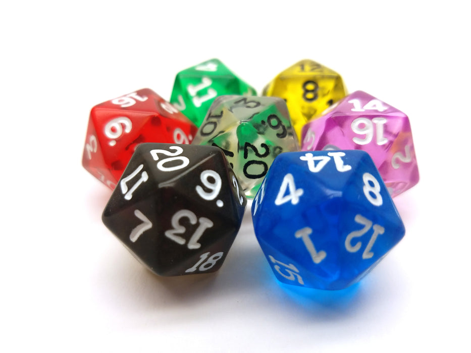 Pack of 7 Transparent D20 20mm Dice - Blue Clear Green Orchid Red Smoke Yellow