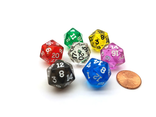 Pack of 7 Transparent D20 20mm Dice - Blue Clear Green Orchid Red Smoke Yellow
