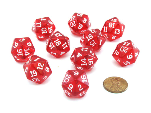 Pack of 10 Transparent 20 Sided D20 20mm Dice - Red
