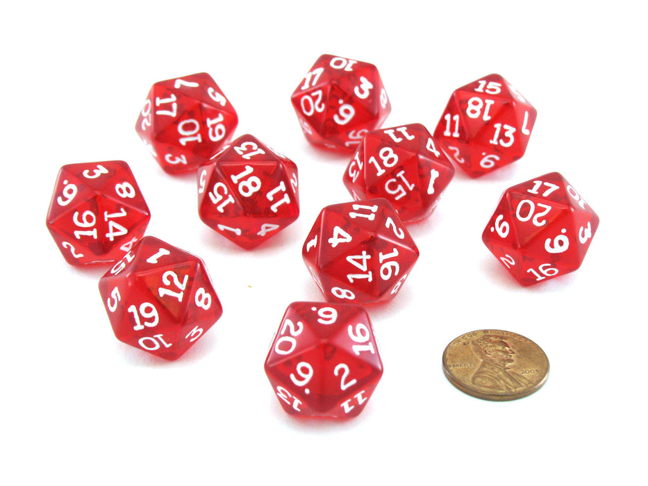 Pack of 10 Transparent 20 Sided D20 20mm Dice - Red