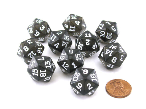 Pack of 10 Transparent 20 Sided D20 20mm Dice - Smoke