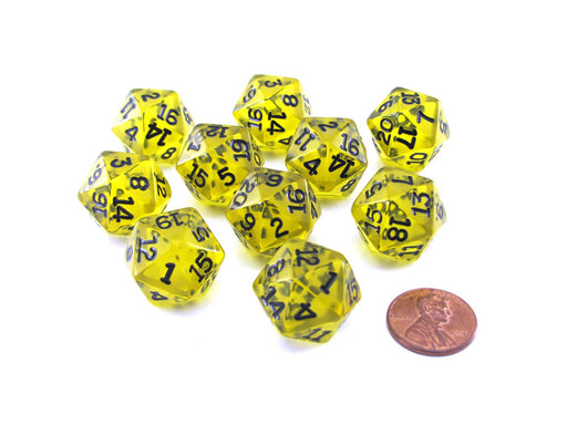 Pack of 10 Transparent 20 Sided D20 20mm Dice - Yellow