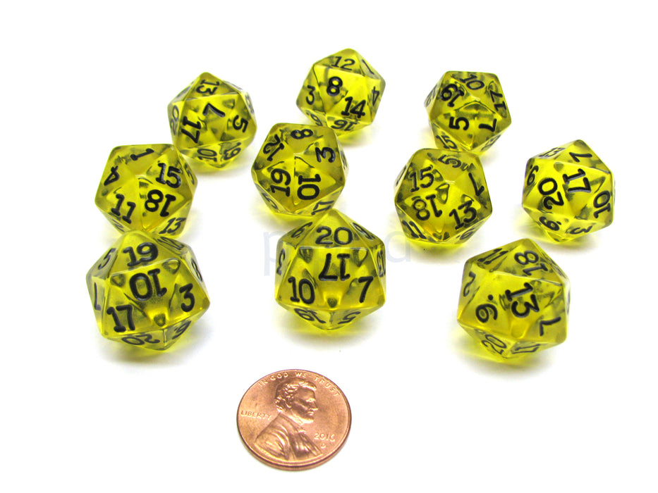 Pack of 10 Transparent 20 Sided D20 20mm Dice - Yellow