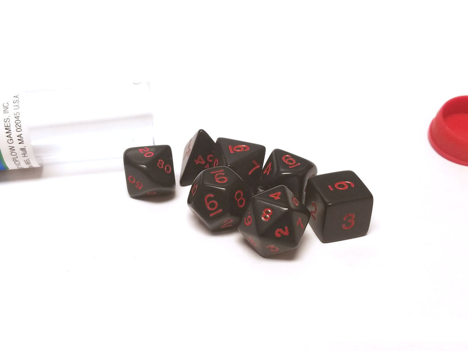 Polyhedral 7-Die Opaque Dice Set - Black with Red Numbers