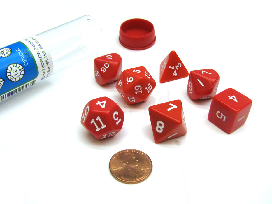 Polyhedral 7-Die Opaque Dice Set - Red with White Numbers
