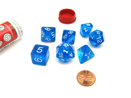 Polyhedral 7-Die Transparent Dice Set - Blue with White Numbers