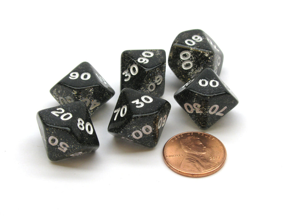 Pack of 6 Tens D10 10-Sided Glitter Dice - Black with White Numbers