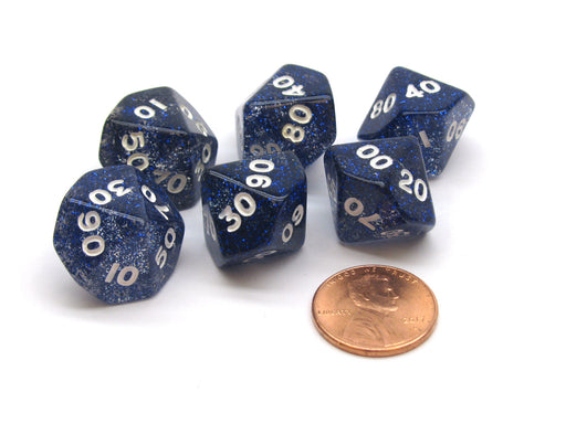 Pack of 6 Tens D10 10-Sided Glitter Dice - Blue with White Numbers