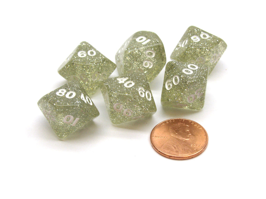 Pack of 6 Tens D10 10-Sided Glitter Dice - Clear with White Numbers