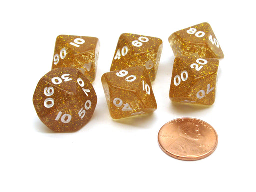 Pack of 6 Tens D10 10-Sided Glitter Dice - Yellow with White Numbers