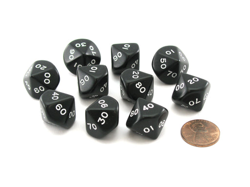Pack of 10 Tens D10 (00-90) 16mm Opaque Dice - Black with White Numbers