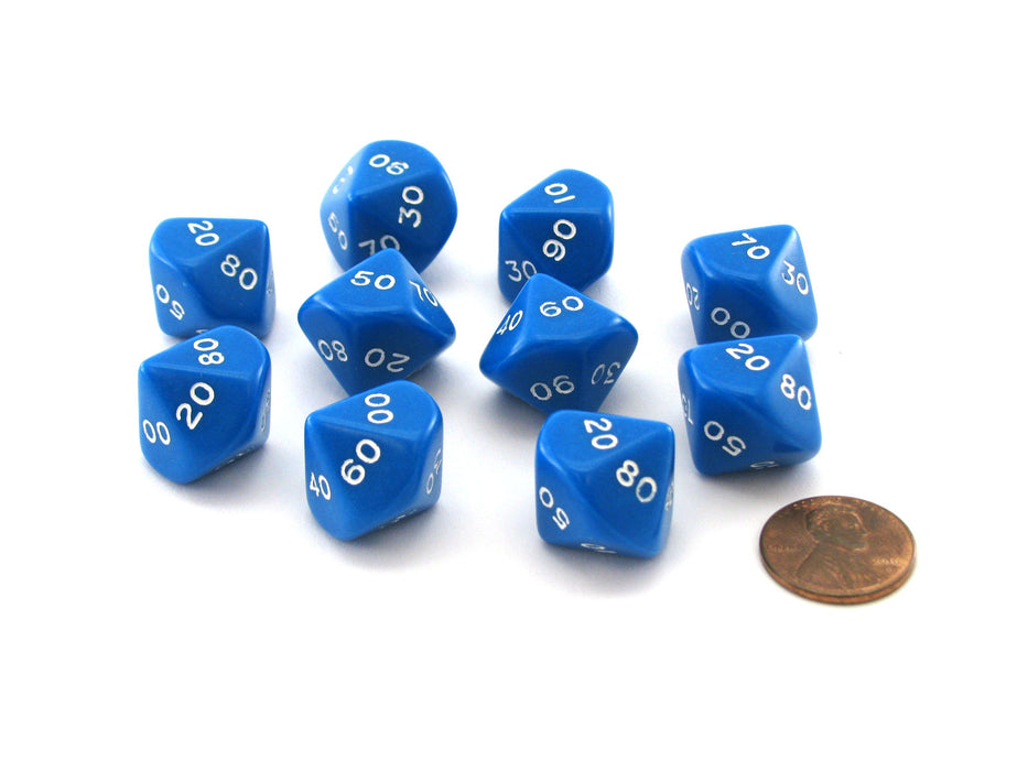 Pack of 10 Tens D10 (00-90) 16mm Opaque Dice - Blue with White Numbers