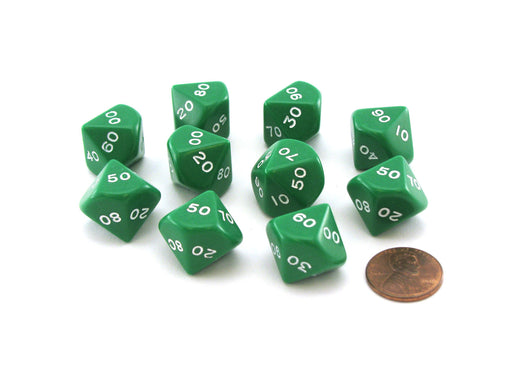 Pack of 10 Tens D10 (00-90) 16mm Opaque Dice - Green with White Numbers
