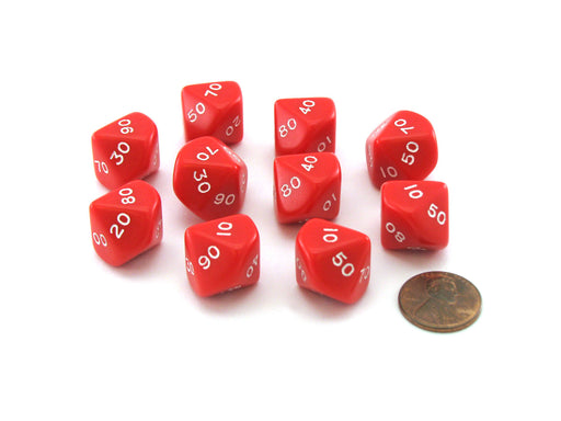 Pack of 10 Tens D10 (00-90) 16mm Opaque Dice - Red with White Numbers