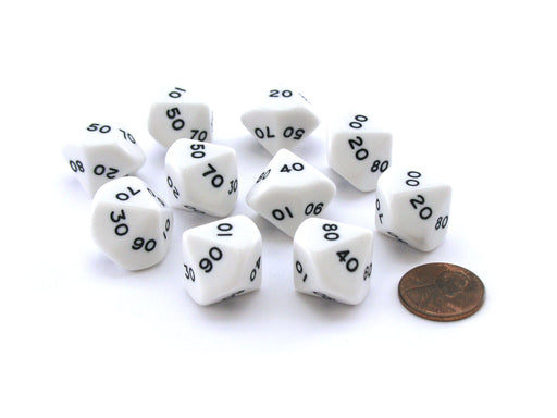 Pack of 10 Tens D10 (00-90) 16mm Opaque Dice - White with Black Numbers
